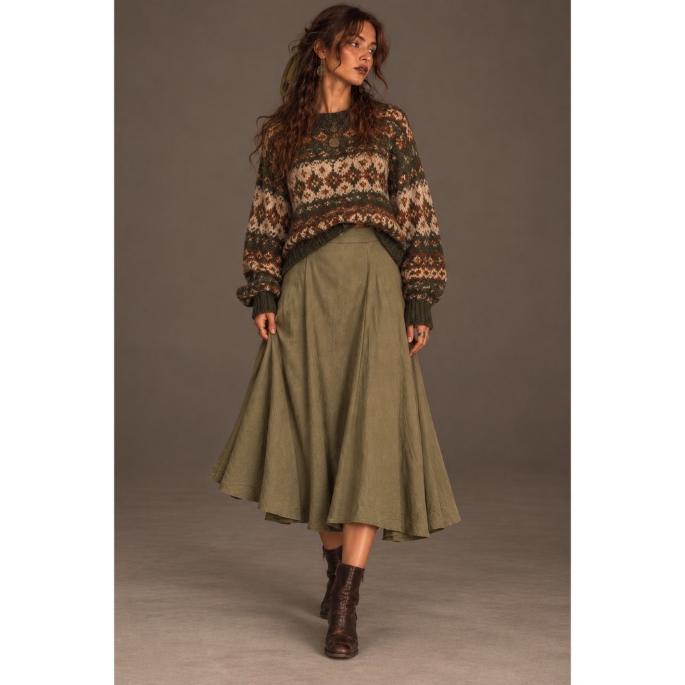 Bill Vander Vintage Olive Green Rayon Linen Midi Skirt 10 Cabincore Goblincore